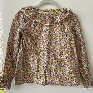 Mini Boden Ruffle Collar Floral Top, Long-Sleeve, Yellow, Pink,  9-10Y,‎ G3457